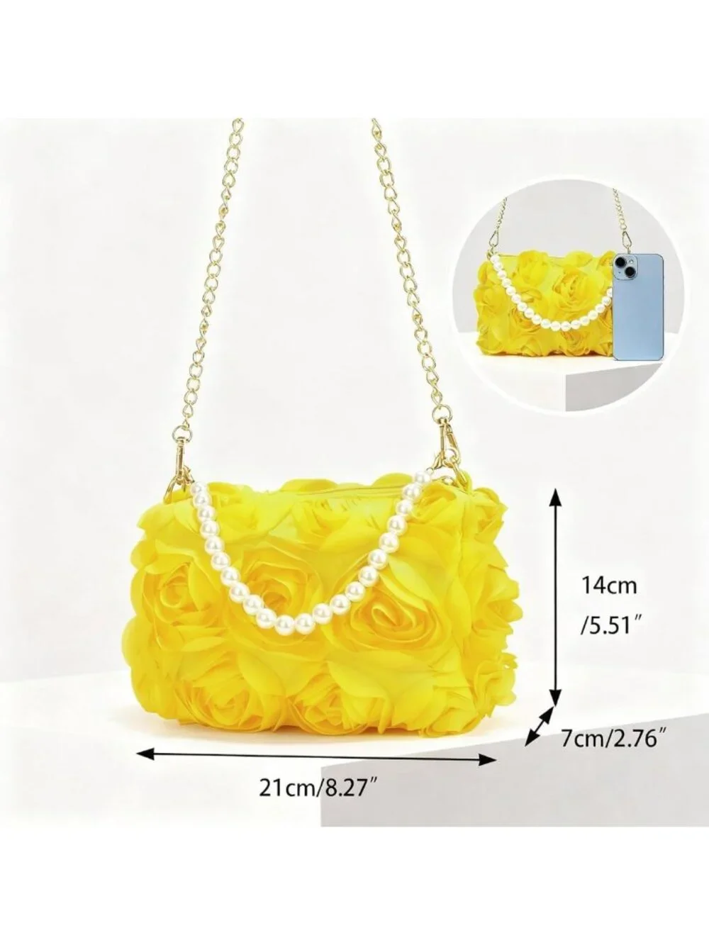 Elegant Floral Evening Clutch, 3D Chiffon Handbag with Pearl Beaded Handle for